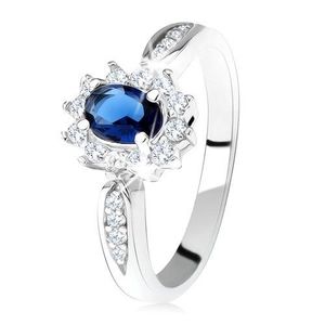 Zásnubní prsten ze stříbra 925, tmavě modrý oválný zirkon, čirý lem - Velikost: 49 obraz