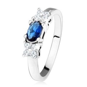 Lesklý prsten - stříbro 925, tmavě modrý oválný zirkon, čtyřlístek, čiré kamínky - Velikost: 50 obraz
