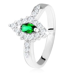Stříbrný prsten 925, kosočtverec s tmavě zeleným očkem a čirým lemem - Velikost: 50 obraz