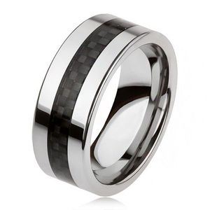Wolframový prsten stříbrné barvy s černým středovým pásem, mřížka - Velikost: 51 obraz