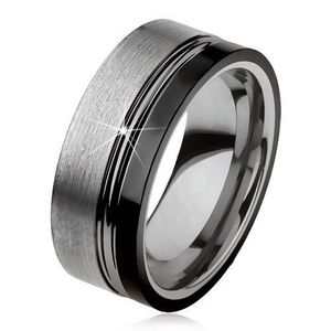 Wolframový prsten, dva zářezy, ocelově šedá a černá barva, lesklo-matný povrch - Velikost: 49 obraz