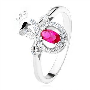 Stříbrný prsten 925 s tmavě růžovým oválným kamenem, zirkonový páv - Velikost: 50 obraz