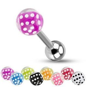 Barbell do jazyka z oceli, stříbrná barva, kuličky, barevné hrací kostky - Barva piercing: Fialová obraz