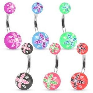 Piercing do pupíku z oceli, barevné kuličky z akrylu, květinový motiv - Barva piercing: Růžová obraz