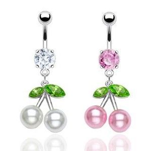 Ocelový piercing do pupíku, barevné třešně, perleťové kuličky, zirkony - Barva piercing: Růžová obraz