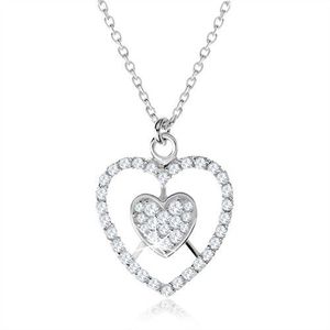 Stříbrný náhrdelník 925, srdce a kontura srdce s čirými zirkony obraz