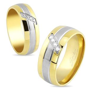 Ocelový prsten, pásky zlaté a stříbrné barvy, šikmá linie čirých zirkonů, 6 mm - Velikost: 49 obraz