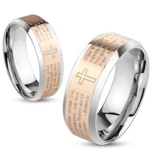 Ocelový prsten stříbrné a měděné barvy, modlitba Otčenáš v angličtině, 6 mm - Velikost: 57 obraz