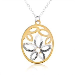 Stříbrný náhrdelník 925, oválný přívěsek, výřez ve tvaru květu, okvětní lístky zlaté barvy obraz