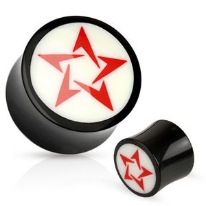 Kruhový černobílý plug do ucha z přírodního materiálu, červená hvězda - Tloušťka : 12 mm obraz