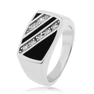 Stříbrný prsten 925, obdélník - šikmé linie čirých zirkonů, černá glazura - Velikost: 53 obraz