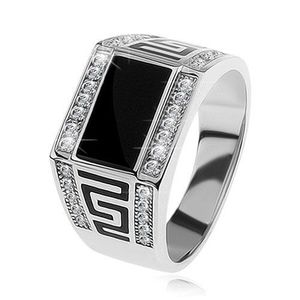 Stříbrný prsten 925, černý obdélník, čiré blyštivé kamínky, řecký klíč - Velikost: 61 obraz