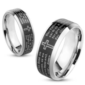 Ocelový prsten stříbrné barvy, černý pásek - modlitba Otčenáš, 8 mm - Velikost: 58 obraz