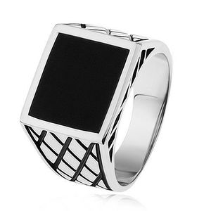Stříbrný prsten 925, ramena s kosočtverci, černý glazovaný čtverec - Velikost: 54 obraz