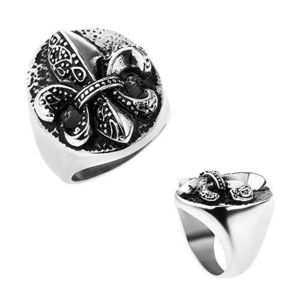 Prsten z oceli, Fleur de Lis v oválu, stříbrná barva, patina - Velikost: 60 obraz