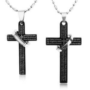 Sada náhrdelníků pro dvojici z oceli 316L, černé kříže s kroužkem, modlitba obraz