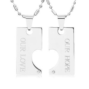 Ocelové náhrdelníky pro dva, známka s výřezem ve tvaru polovičního srdce, nápis obraz