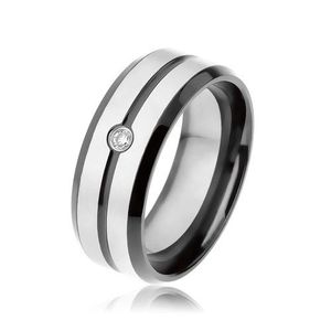 Černý prsten z oceli 316L, matné pásky stříbrné barvy, čirý zirkon - Velikost: 57 obraz