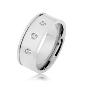 Lesklý ocelový prsten stříbrné barvy, čiré zirkony, vodorovný zářez - Velikost: 59 obraz