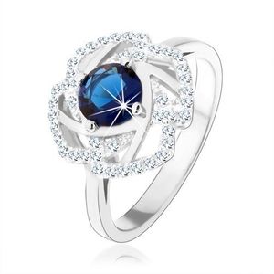 Stříbrný 925 prsten, třpytivý obrys květu, modrý kulatý zirkon - Velikost: 54 obraz