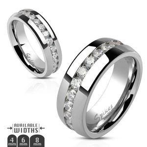 Prsten z oceli, stříbrná barva, souvislá linie čirých zirkonů po obvodu, 6 mm - Velikost: 60 obraz