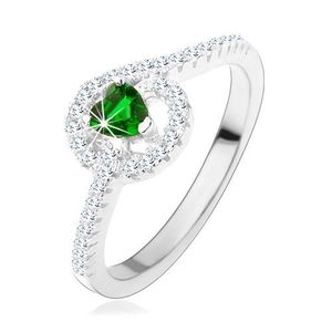 Zásnubní stříbrný prsten 925, zelené zirkonové srdíčko, třpytivé linie - Velikost: 49 obraz