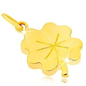 Přívěsek ze žlutého 9K zlata - lesklý plochý čtyřlístek pro štěstí, rýhy obraz