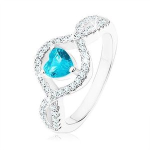 Stříbrný prsten 925, světle modré zirkonové srdce, vlnitá čirá ramena - Velikost: 49 obraz