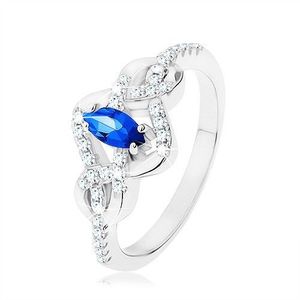 Stříbrný prsten 925, modrý zirkonový ovál, propletené linie zdobené zirkony - Velikost: 49 obraz