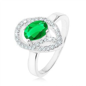 Prsten ze stříbra 925, oválný zelený zirkon, asymetrická kapka - obrys - Velikost: 54 obraz