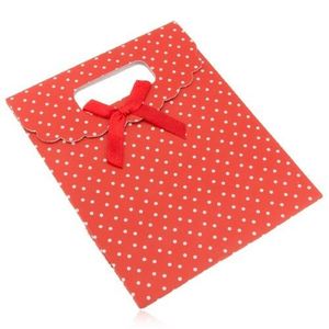 Červená dárková taštička z papíru s bílými puntíky, červená mašle obraz