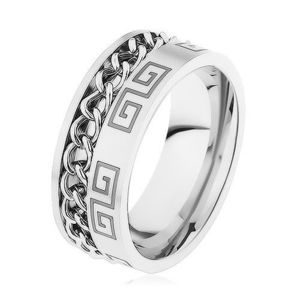 Ocelový prsten stříbrné barvy, zářez s řetízkem, řecký klíč - Velikost: 57 obraz