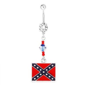 Ocelový piercing do břicha, čirý zirkon, korálky, motiv konfederační vlajky obraz