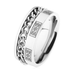 Ocelový prsten s řetízkem, stříbrná barva, ornamenty - Velikost: 57 obraz