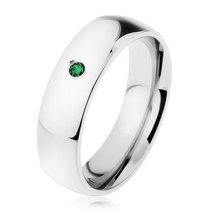 Zrcadlově lesklý prsten z oceli, stříbrná barva, drobný tmavě zelený zirkon - Velikost: 60 obraz
