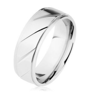 Prsten z oceli 316L, vyvýšený pás zdobený šikmými zářezy, stříbrná barva - Velikost: 54 obraz