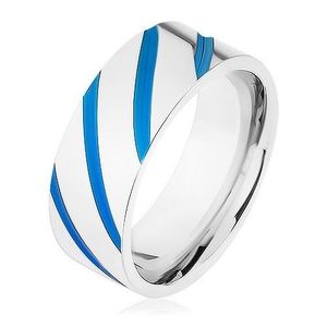 Ocelový prsten stříbrné barvy, diagonální pásy, modrá glazura - Velikost: 59 obraz