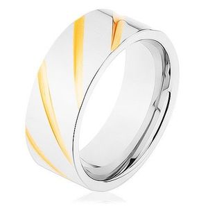 Prsten z oceli 316L, povrch stříbrné barvy, šikmé rýhy ve zlatém odstínu - Velikost: 57 obraz