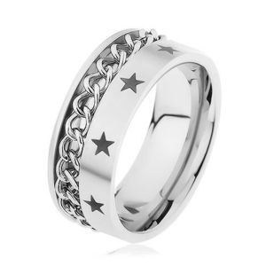 Ocelový prsten stříbrné barvy zdobený řetízkem a hvězdičkami - Velikost: 57 obraz