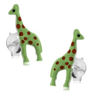 Puzetové náušnice, stříbro 925, neonově zelená žirafka s červenými tečkami obraz