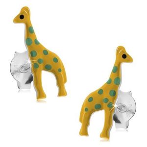 Puzetové náušnice, stříbro 925, žlutá glazovaná žirafa se zelenými tečkami obraz