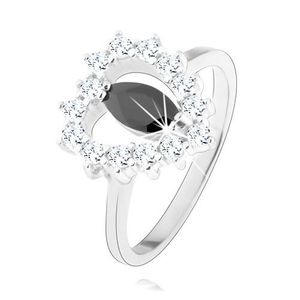 Stříbrný prsten 925, černý zirkon - zrnko, srdcovitý obrys, čiré zirkony - Velikost: 49 obraz