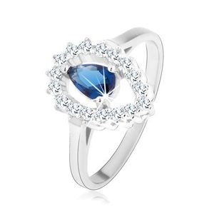 Prsten, stříbro 925, čirá kontura obrácené kapky s modrou zirkonovou slzou - Velikost: 50 obraz