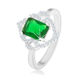 Stříbrný prsten 925, zelený obdélníkový zirkon, čiré obrysy lístků, obloučky - Velikost: 49 obraz