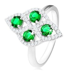 Stříbrný prsten 925, oblý kosočtverec, čtyři kulaté zelené zirkony, čirý lem - Velikost: 49 obraz