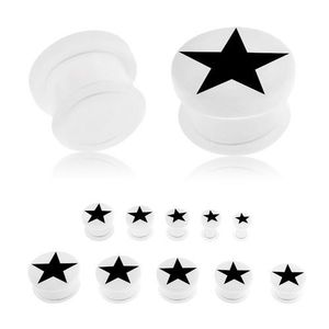 Akrylový plug bílé barvy do ucha, černá pěticípá hvězda, průhledná gumička - Tloušťka : 10 mm obraz