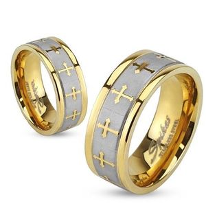 Ocelový prsten ve zlaté a stříbrné barvě, matný pás, křížky, 6 mm - Velikost: 54 obraz