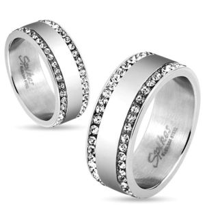 Ocelový prsten stříbrné barvy, okraje vykládané čirými zirkonky, 8 mm - Velikost: 59 obraz