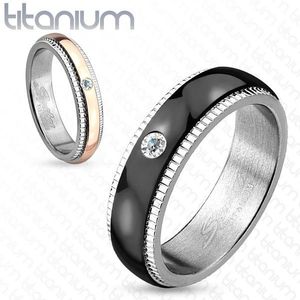 Prsten z titanu, stříbrná barva, černý pás se zirkonem, vroubky, 6 mm - Velikost: 59 obraz