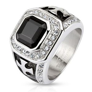 Mohutný prsten z chirurgické oceli, černý zirkonový čtverec, čiré linie, kříže - Velikost: 62 obraz